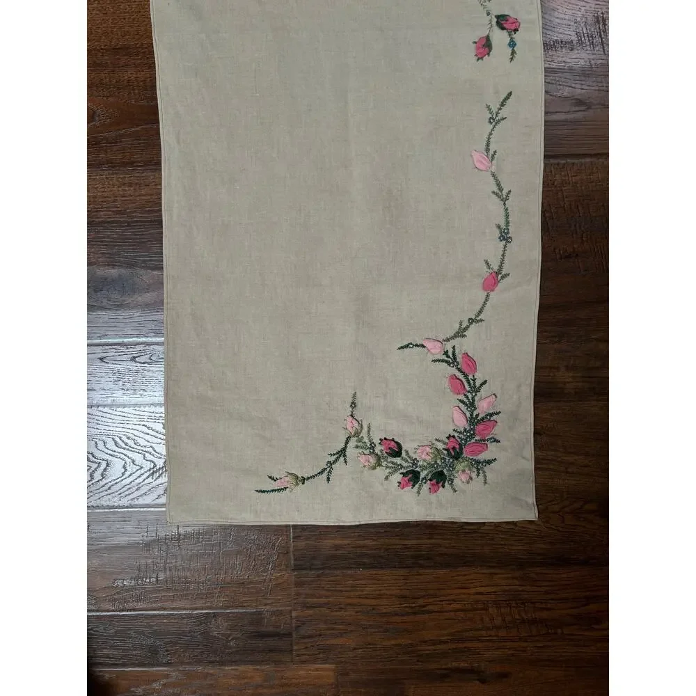 Vintage Rectangular Linen Table Runner Hand Embroidered Puffy Pink Rosebud Vine